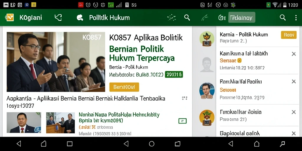 Antarmuka aplikasi KO857 menampilkan berita politik dan hukum terkini.