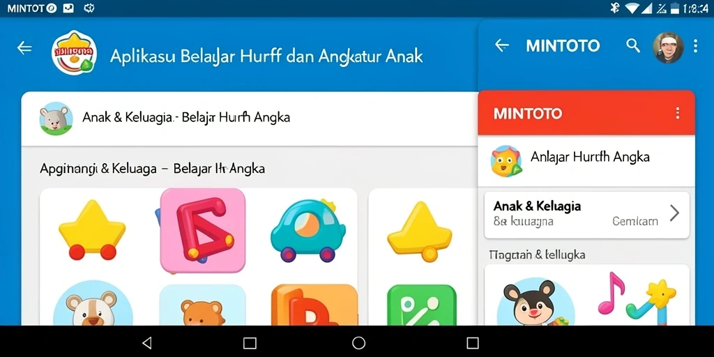 Antarmuka MINTOTO menampilkan game belajar huruf dan angka yang interaktif.